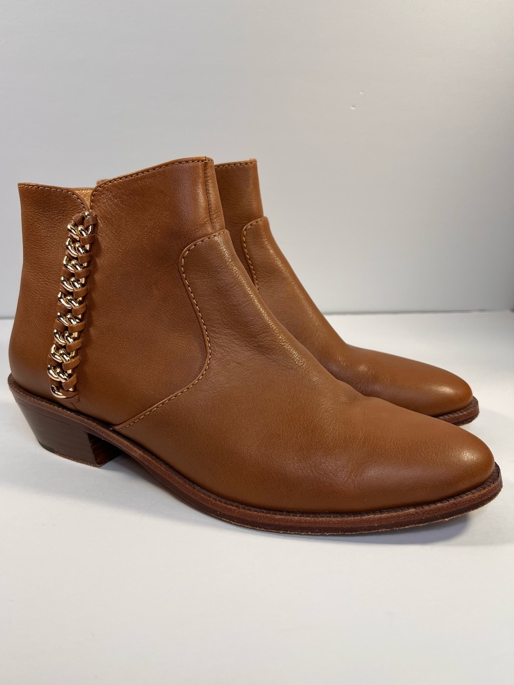 Coach Corine Cognac Leather Booties w/Gold Chain Detail Sz 7.5